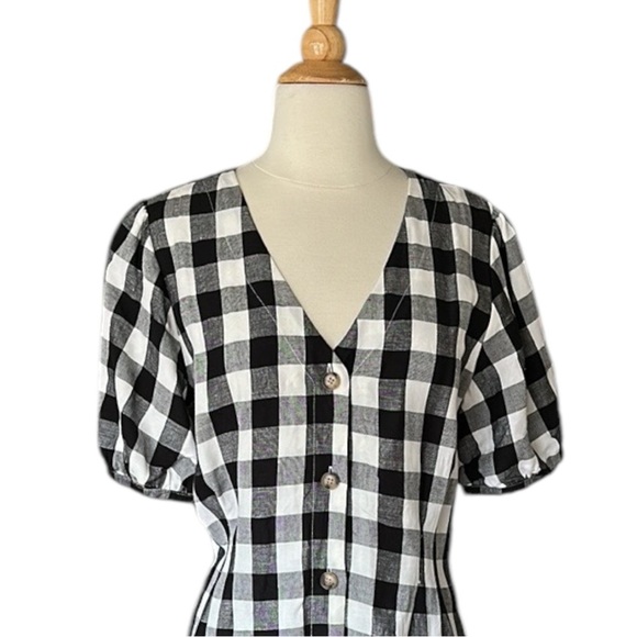 LOFT Gingham Linen Blend Button Up Dress Black White Preppy Girly Casual Size 10 - Picture 4 of 16